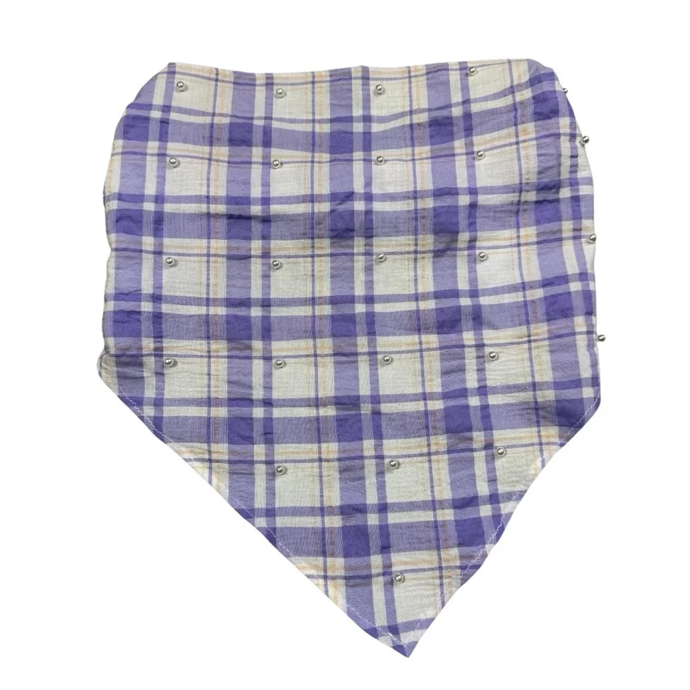 New Anthropologie Purple Plaid Pearl Embellished Hair Scarf